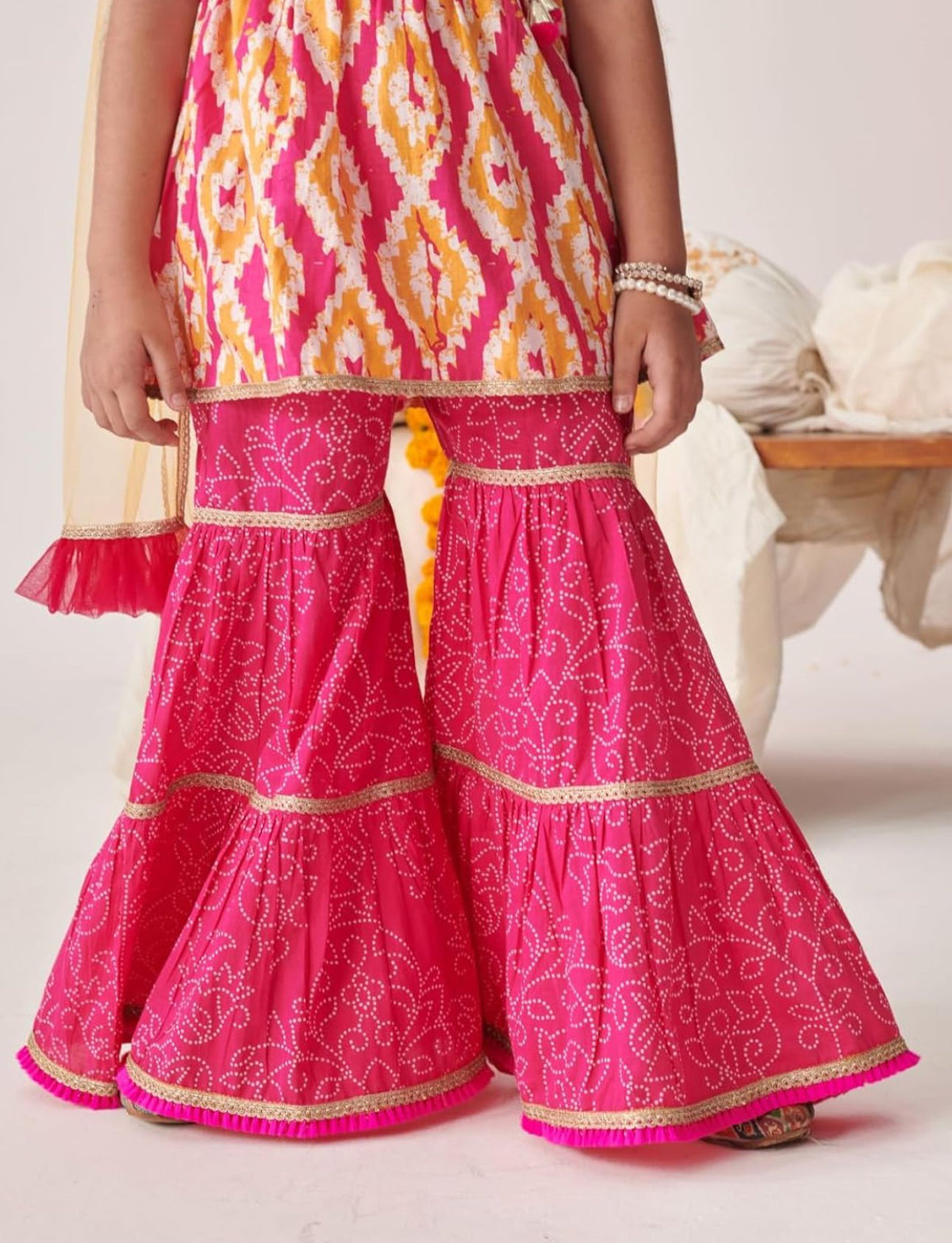 Girls Leheriya Printed Empire Sequinned Kurta With Sharara With Dupatta in Germany