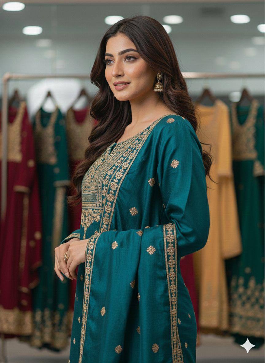 SEQUENCE EMBROIDERED TOP, SARARA AND DUPATTA IN MUNICH