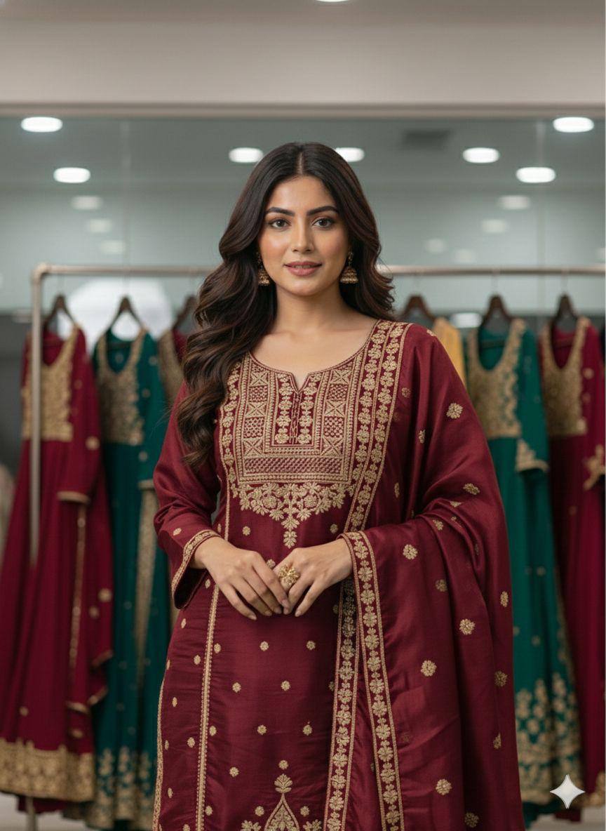 SEQUENCE EMBROIDERED TOP, SARARA AND DUPATTA IN MUNICH