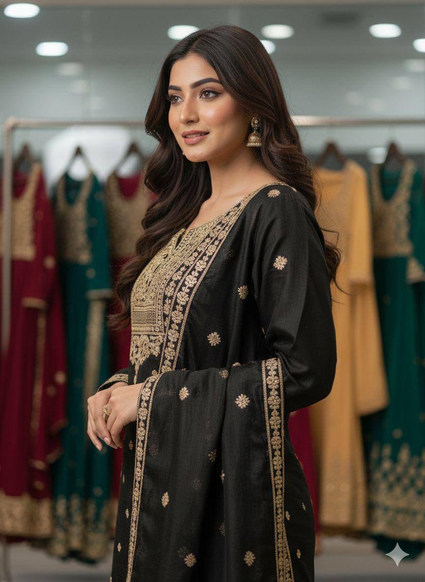 SEQUENCE EMBROIDERED TOP, SARARA AND DUPATTA IN MUNICH