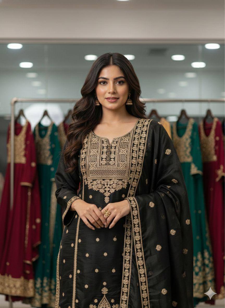 SEQUENCE EMBROIDERED TOP, SARARA AND DUPATTA IN MUNICH