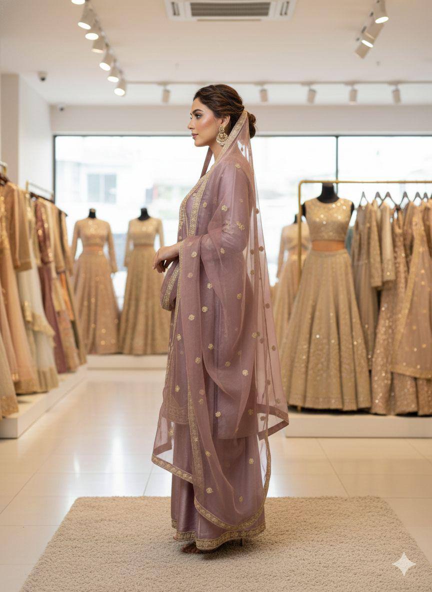 SEQUENCE EMBROIDERED TOP, SARARA AND DUPATTA IN MUNICH