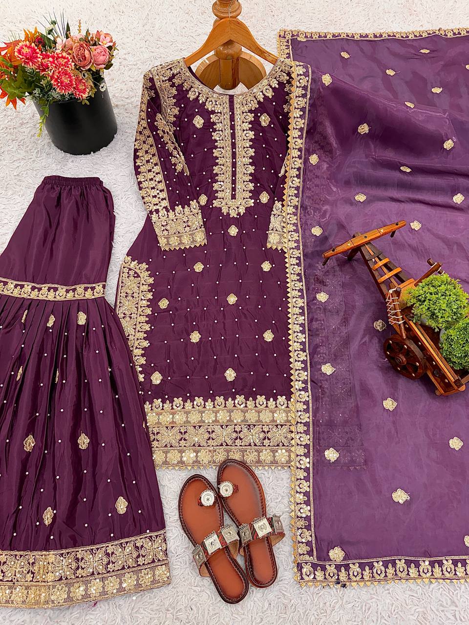 Natural Crep Silk Top-Bottom And Dupatta Set Fully Stitched in Berlin