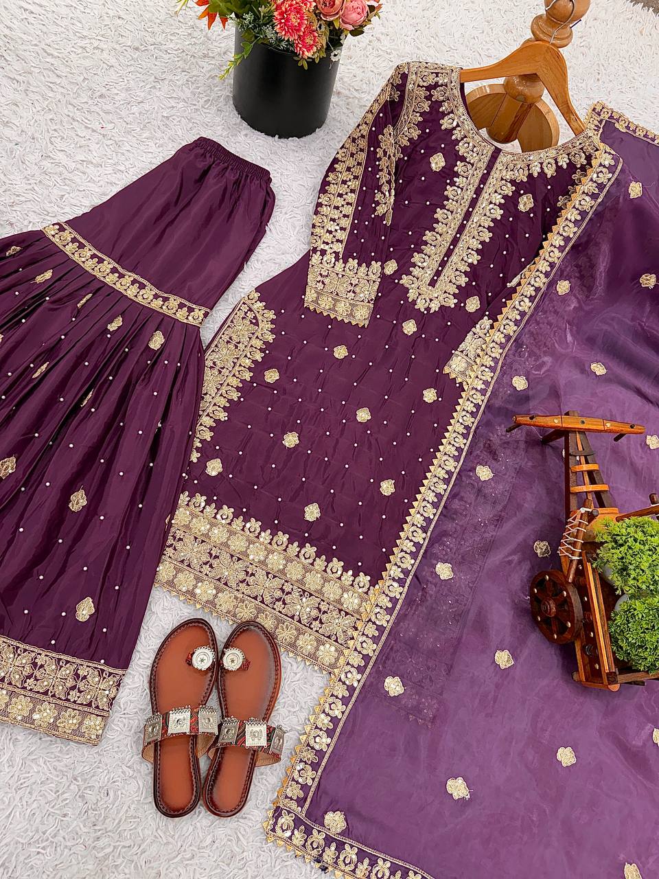 Natural Crep Silk Top-Bottom And Dupatta Set Fully Stitched in Berlin