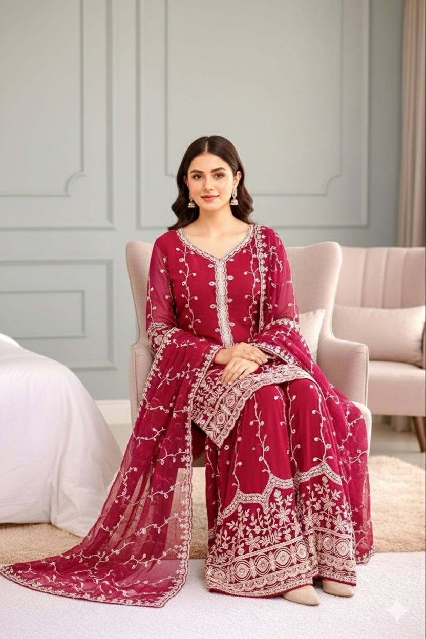 Silk And Heavy Embroidery Sequence Work Top-Bottom And Dupatta Set in Germany