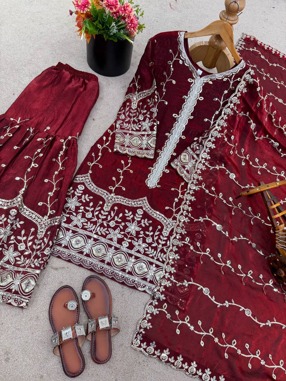 Silk And Heavy Embroidery Sequence Work Top-Bottom And Dupatta Set in Germany