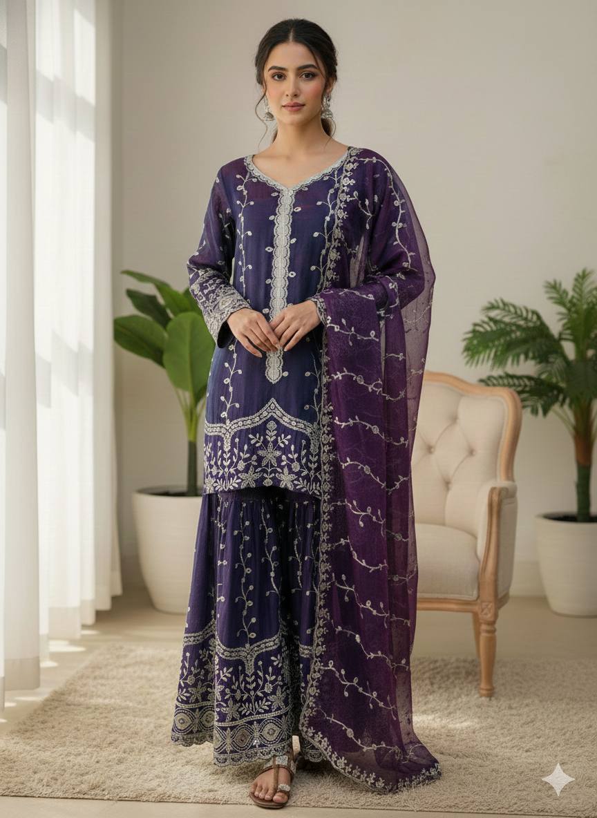 Silk And Heavy Embroidery Sequence Work Top-Bottom And Dupatta Set in Germany