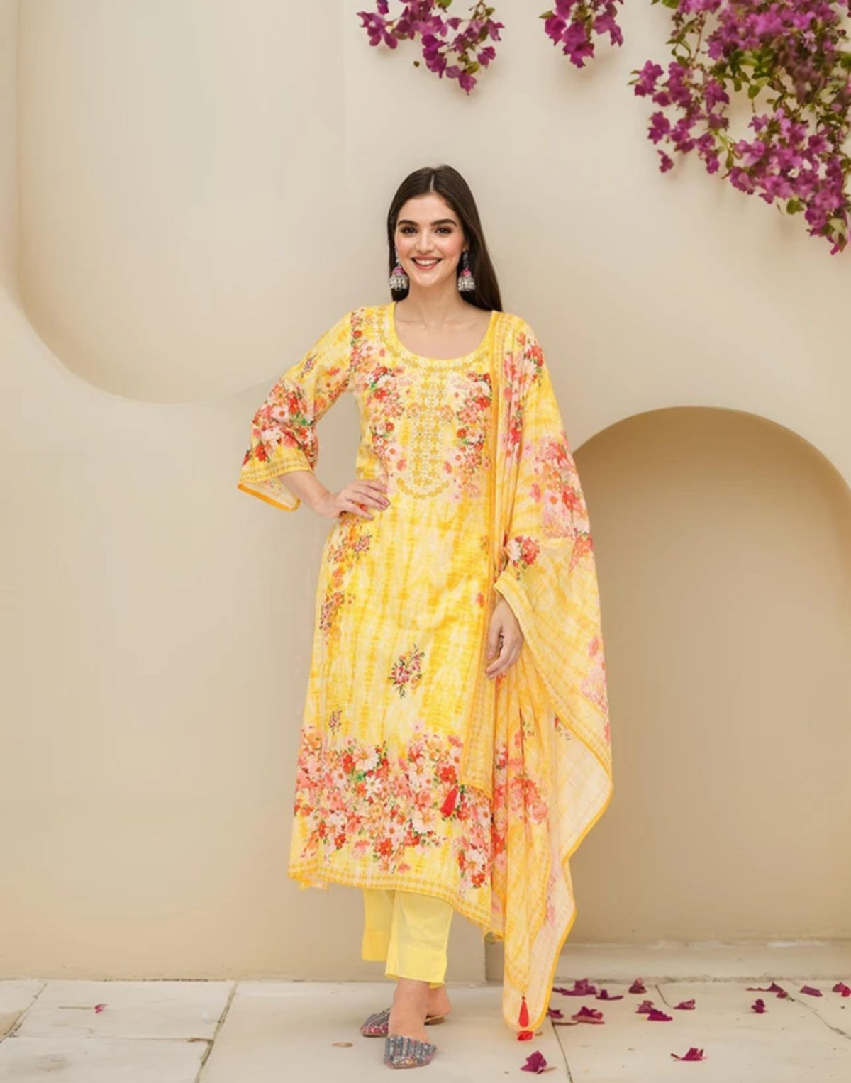 Comfy Yellow Pure Cotton Floral Printed Kurta Set With Straight Bottom And Flowy Dupatta in Munich
