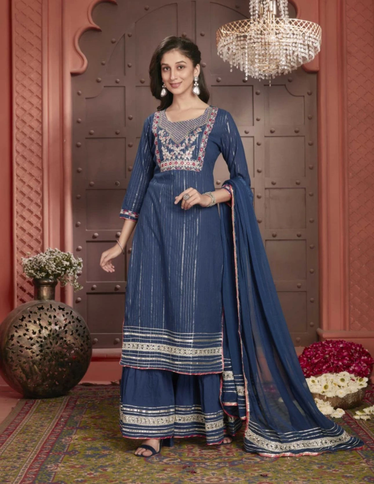 Teal Embroidered Kurta With Sharara & Dupatta in Germany