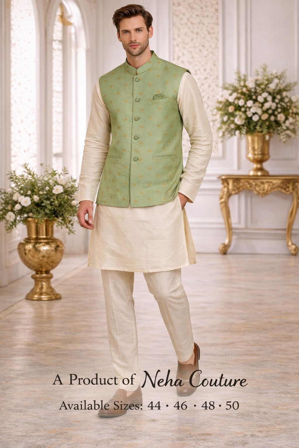 Kurta Payjama With Jacket Jacquard Work Banarasi Silk  In Cream And Sea Green in Germany