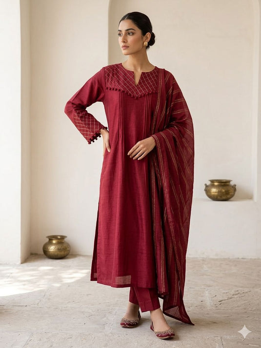 Maroon Embroidered Neck  Kurta Bottom Dupatta Set in Berlin