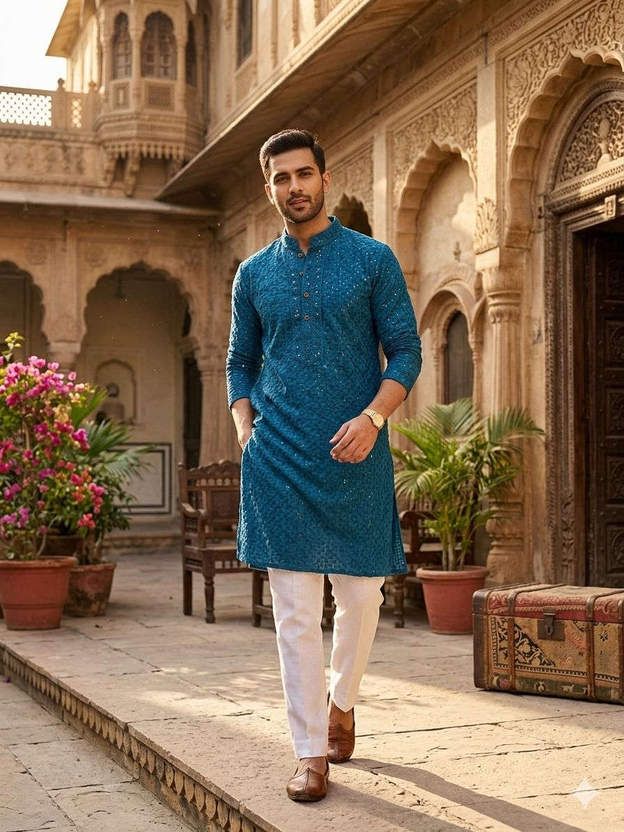 MENS CHIKENKARI HEAVY RAYON KURTA IN BERLIN