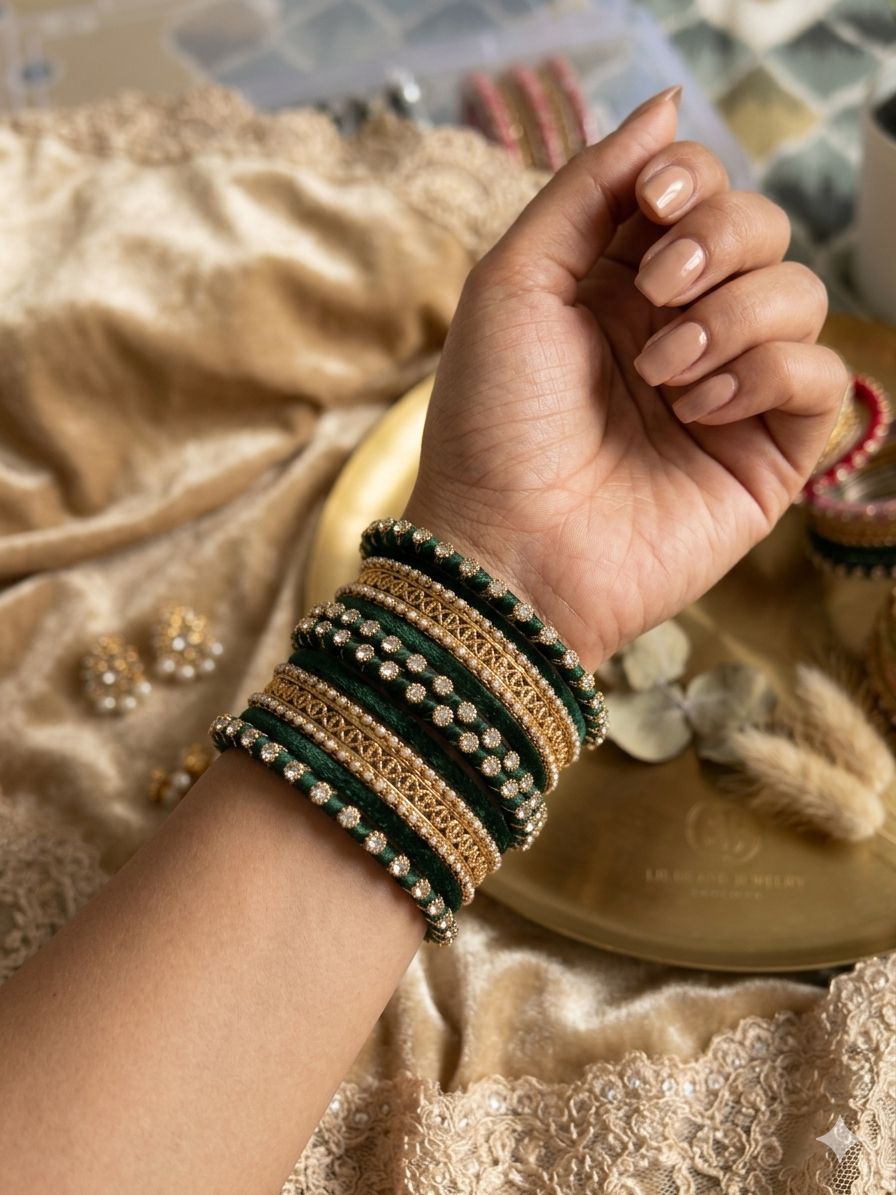 Bottle Green Silk Thread Kundan  Bangle Set in Germany