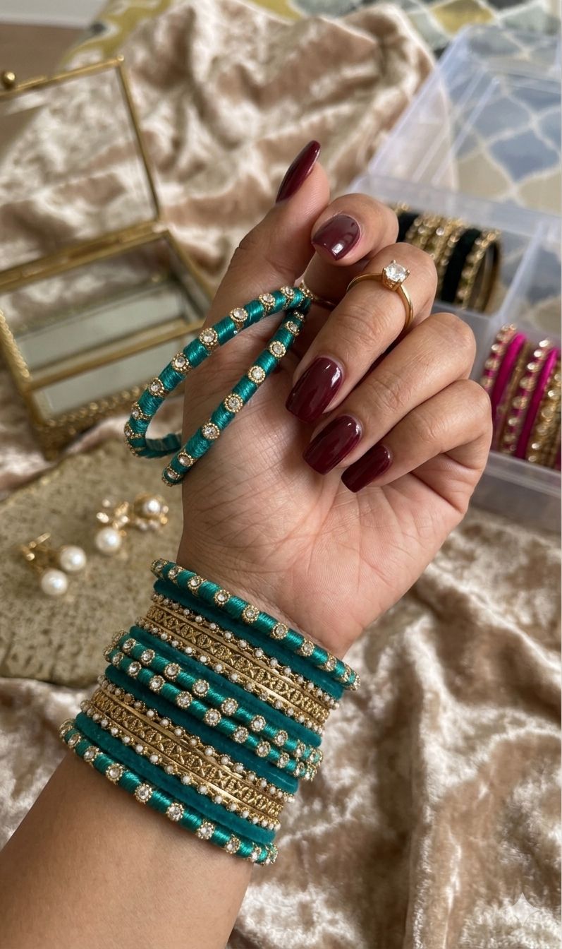 Sky Green Silk Thread Kundan  Bangle Set in Berlin