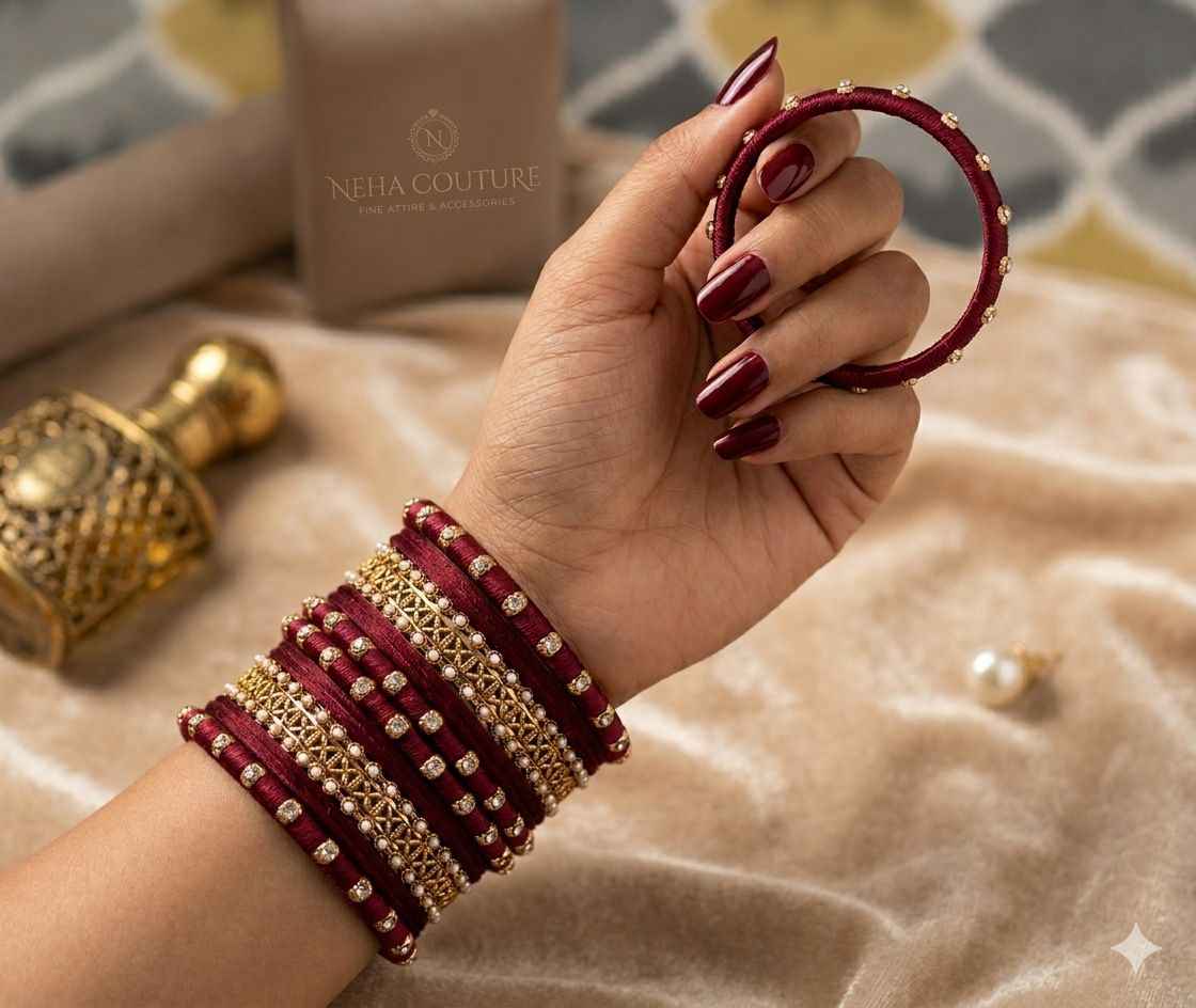 Maroon Silk Thread Kundan  Bangle Set in Germany