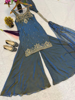 Teal Embroidery Sequence Worked Top-Plazzo And Dupatta Set in Berlin