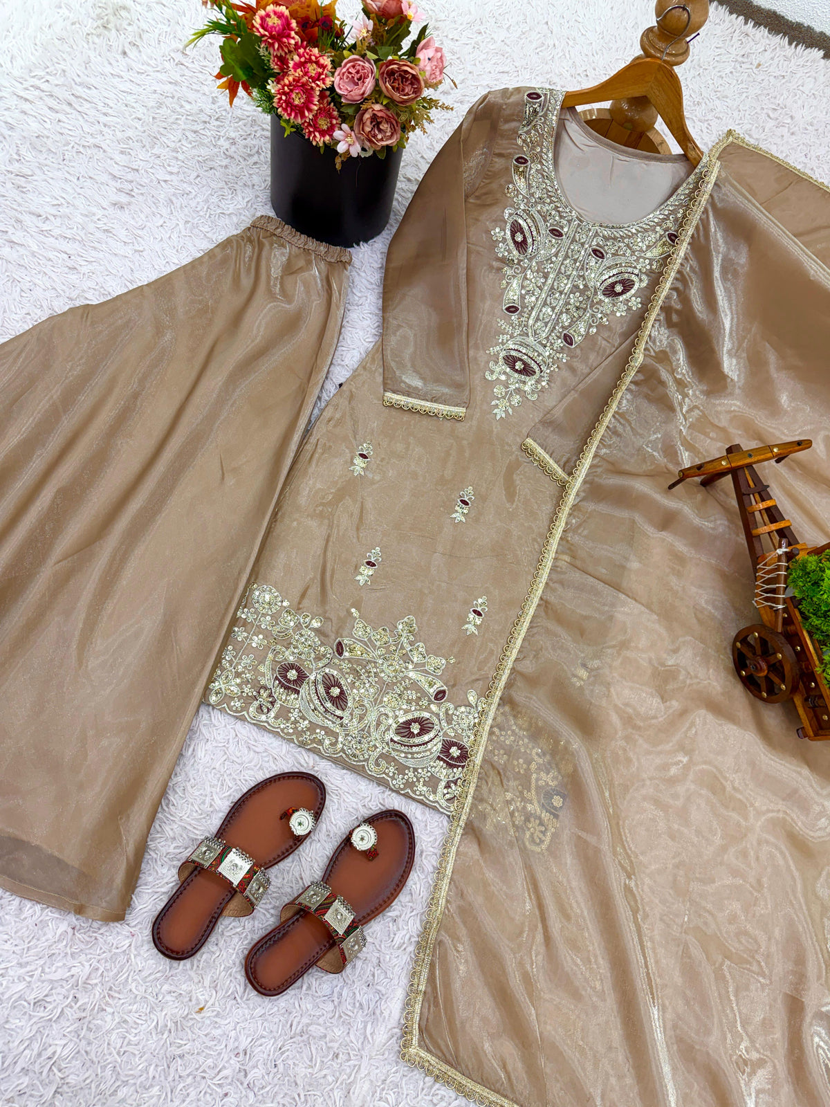 Biege Silk And Heavy Embroidery Sequence Work Top-Bottom And Dupatta Set in Germany