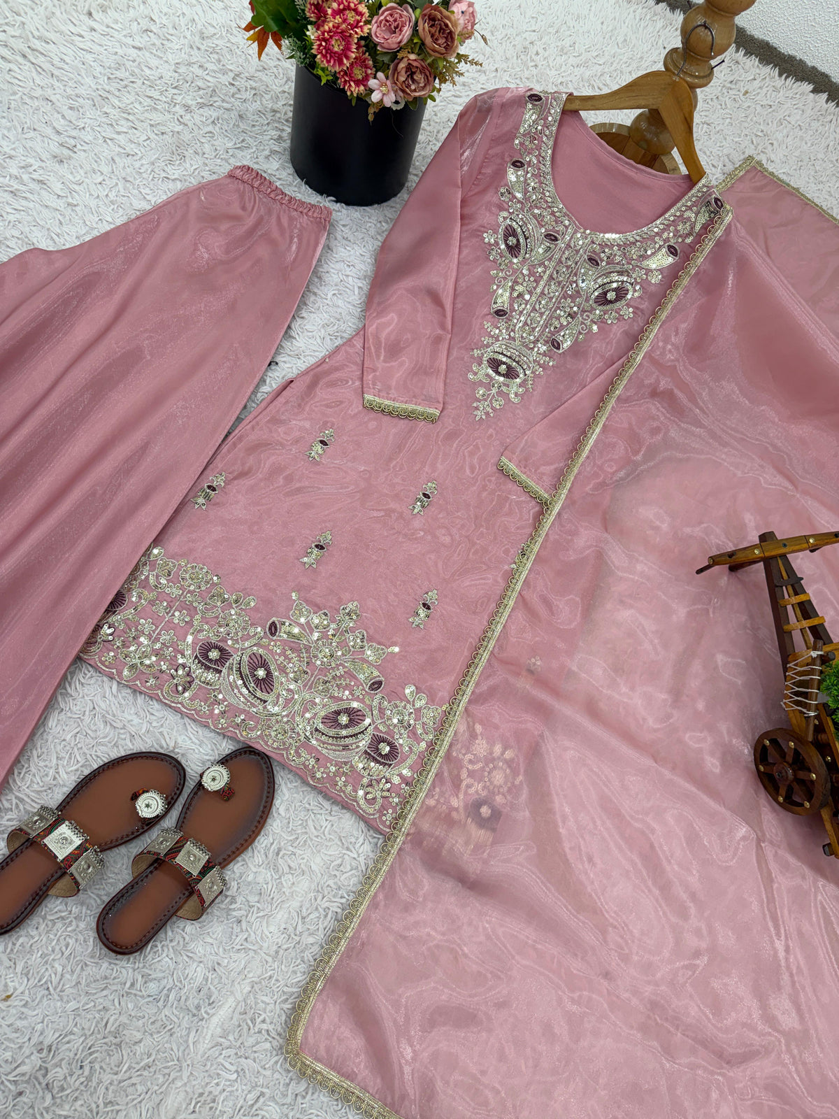 Pink Silk And Heavy Embroidery Sequence Work Top-Bottom And Dupatta Set in Germany