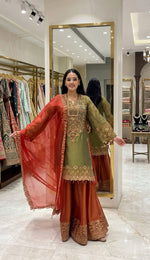 Green Heavy Malty Thread Embroidery Sequence Work Suit in Germany