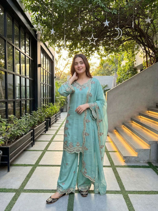 MINT GREEN HEAVY EMBROIDERY SEQUENCE WORK SUIT IN GERMANY Namma Markt