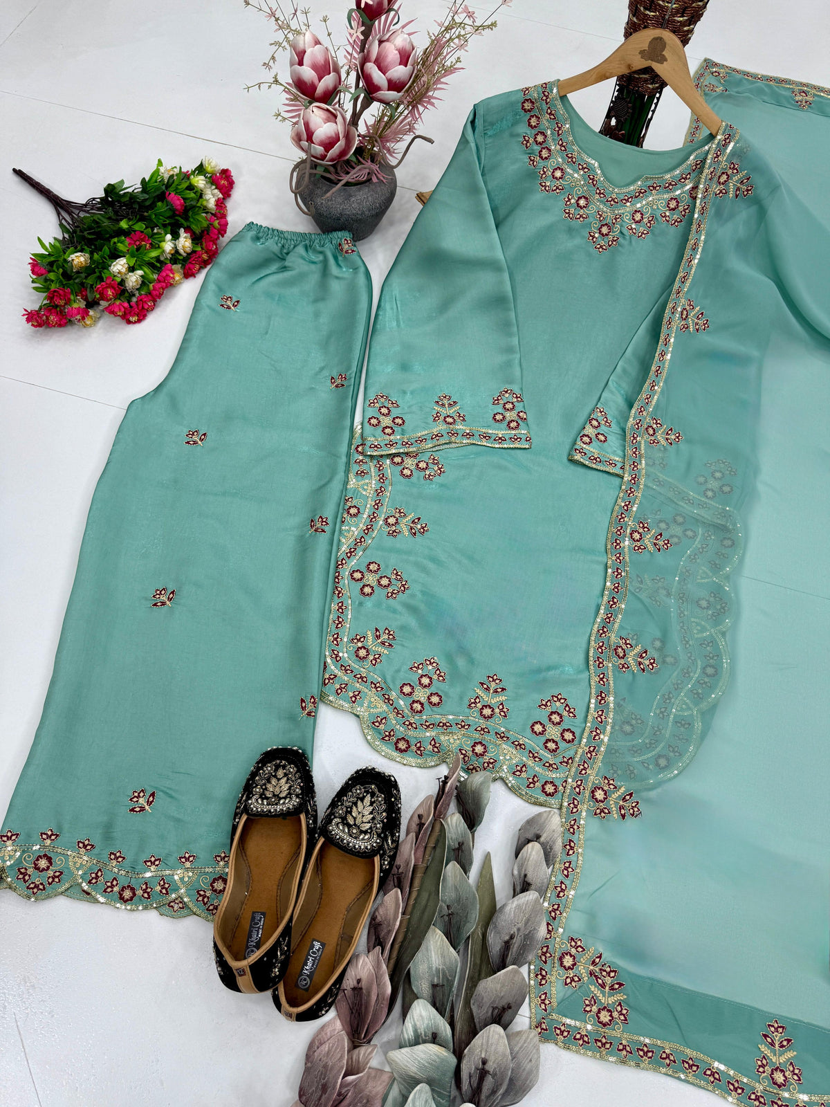MINT GREEN HEAVY EMBROIDERY SEQUENCE WORK SUIT IN GERMANY