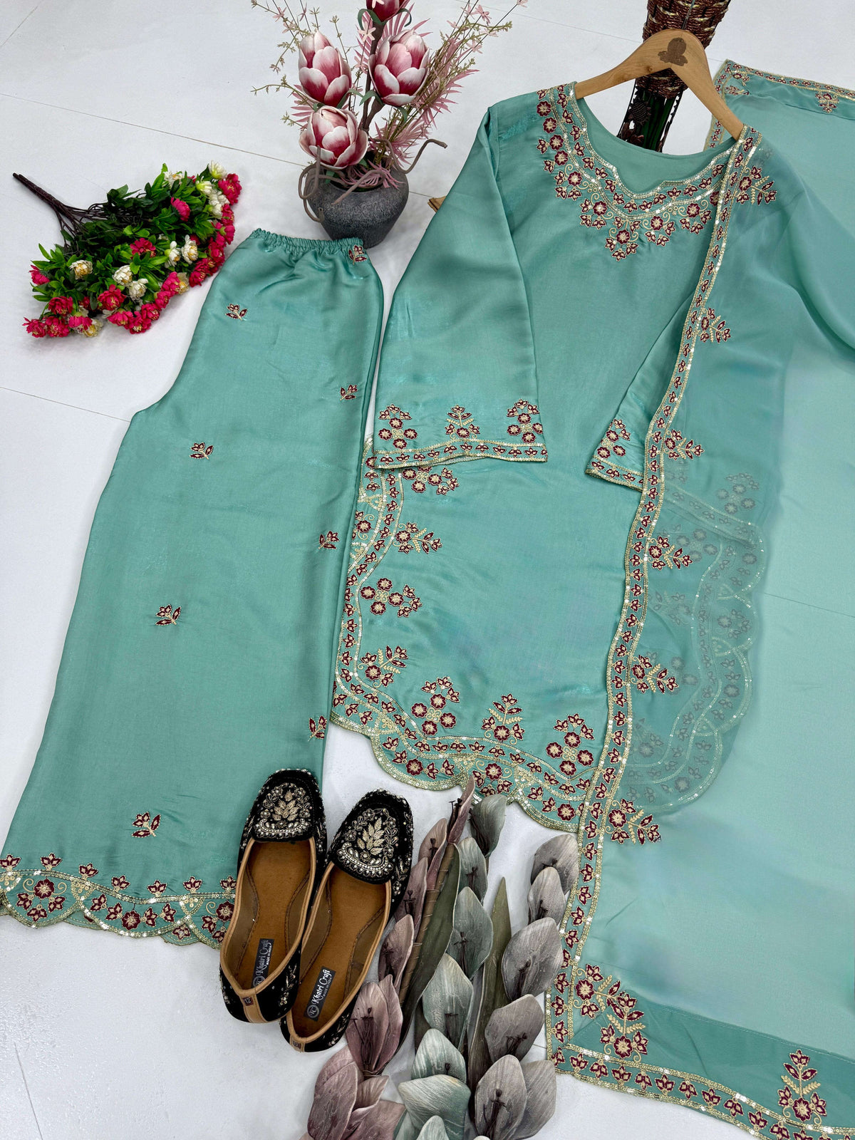 MINT GREEN HEAVY EMBROIDERY SEQUENCE WORK SUIT IN GERMANY Namma Markt