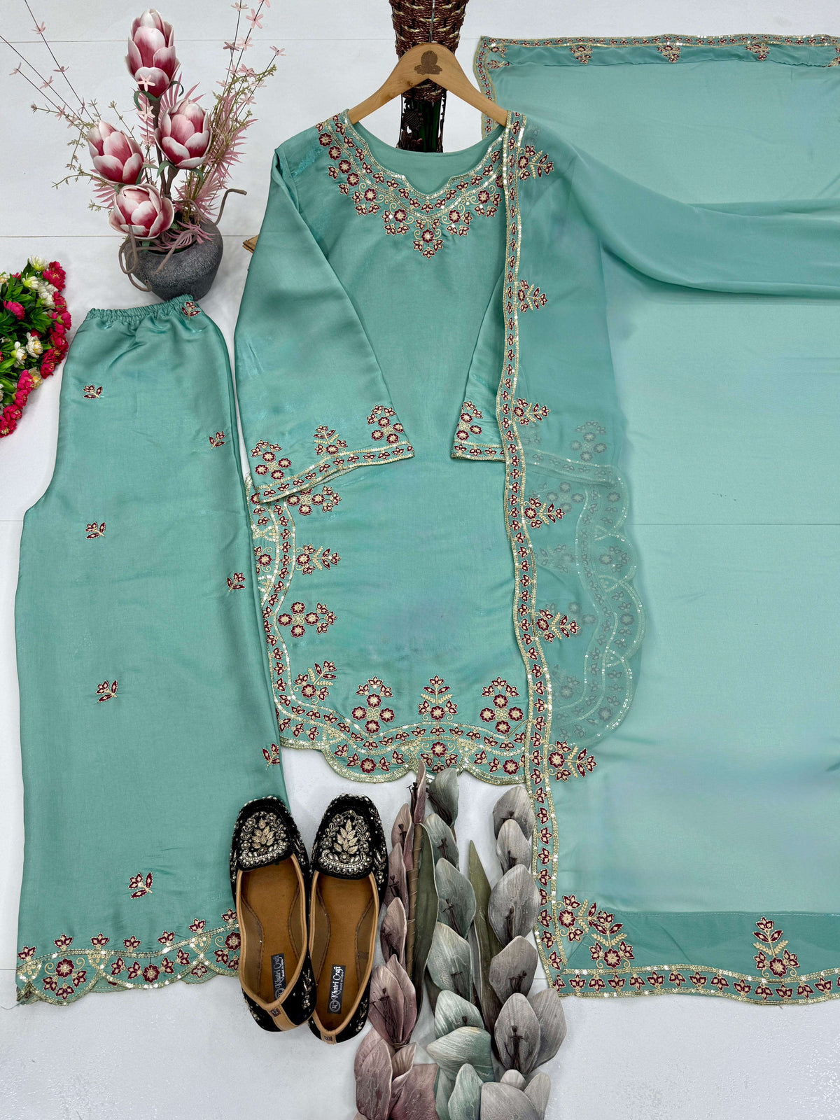 MINT GREEN HEAVY EMBROIDERY SEQUENCE WORK SUIT IN GERMANY Namma Markt