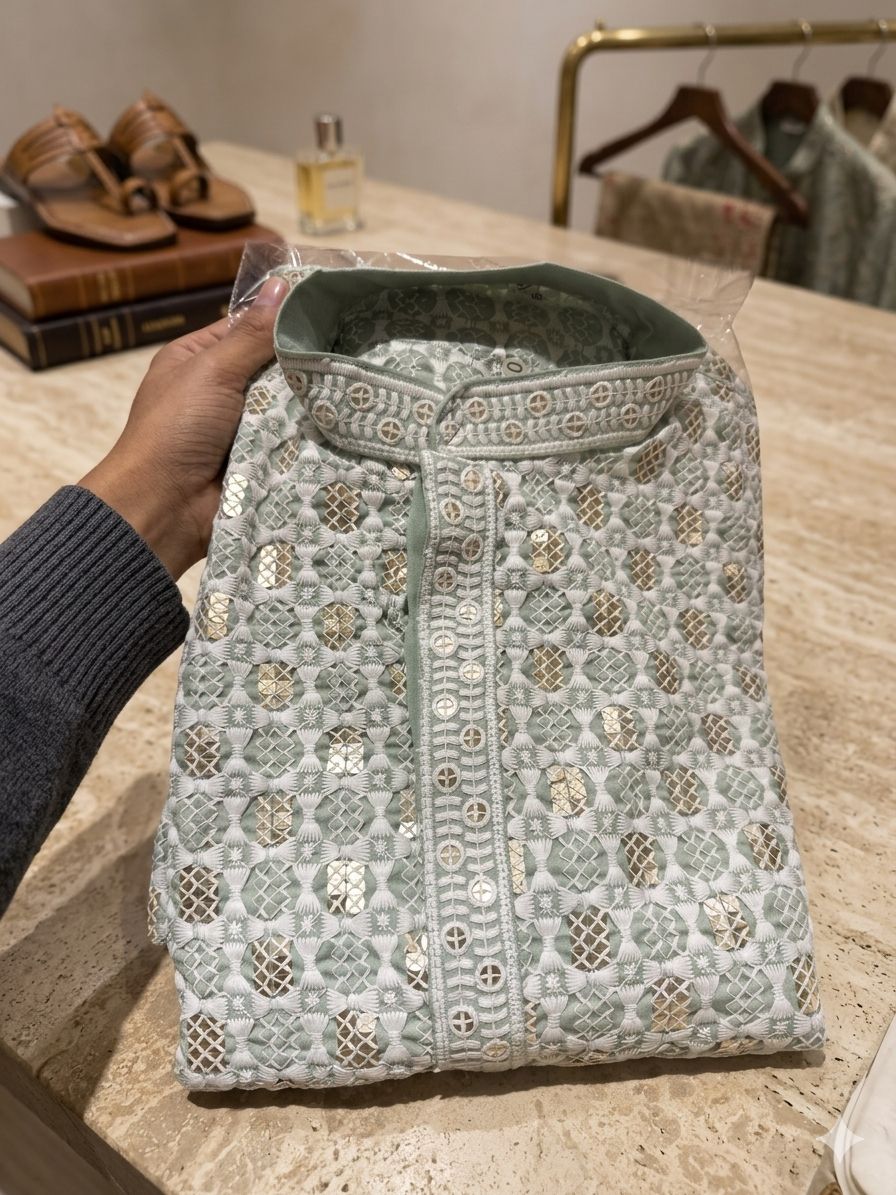 GREY MENS CHIKENKARI HEAVY RAYON KURTA IN GERMANY