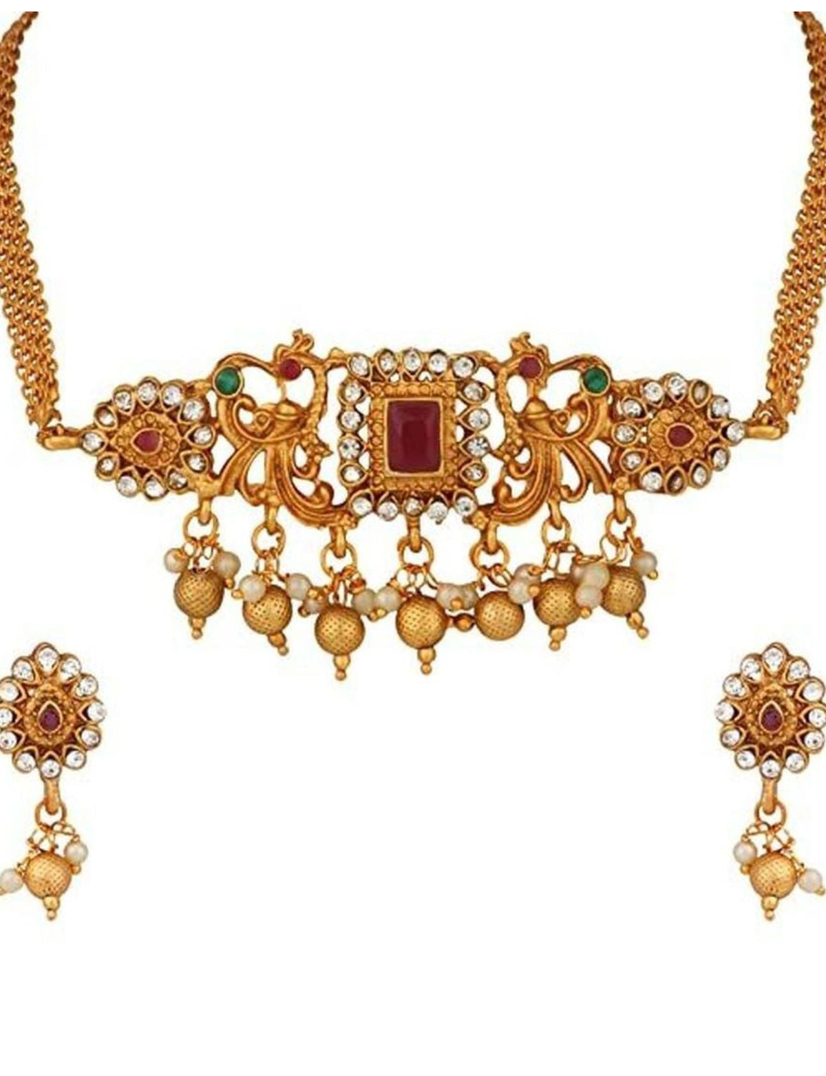 Ruby Red Beaded Gold-Toned Necklace Set with Intricate Pendant & Earrings in Germany