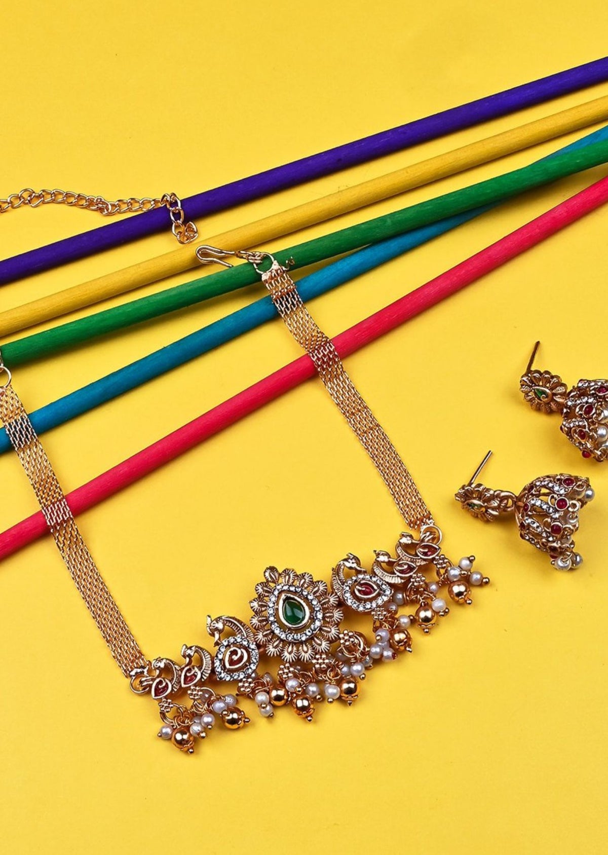 Gold-Plated Stone-Studded & Beaded Temple Jewellery Set in Germany