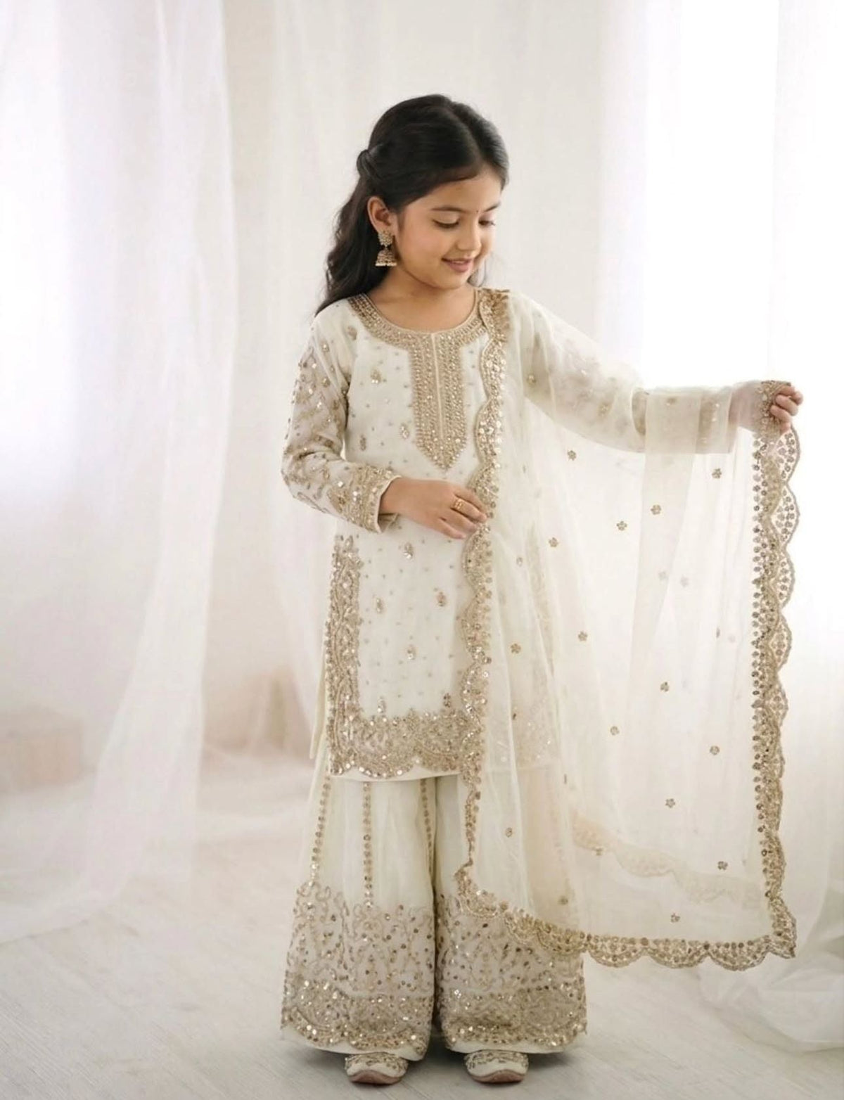 White Embroidered Work Salwar Suit For Kid in Germany