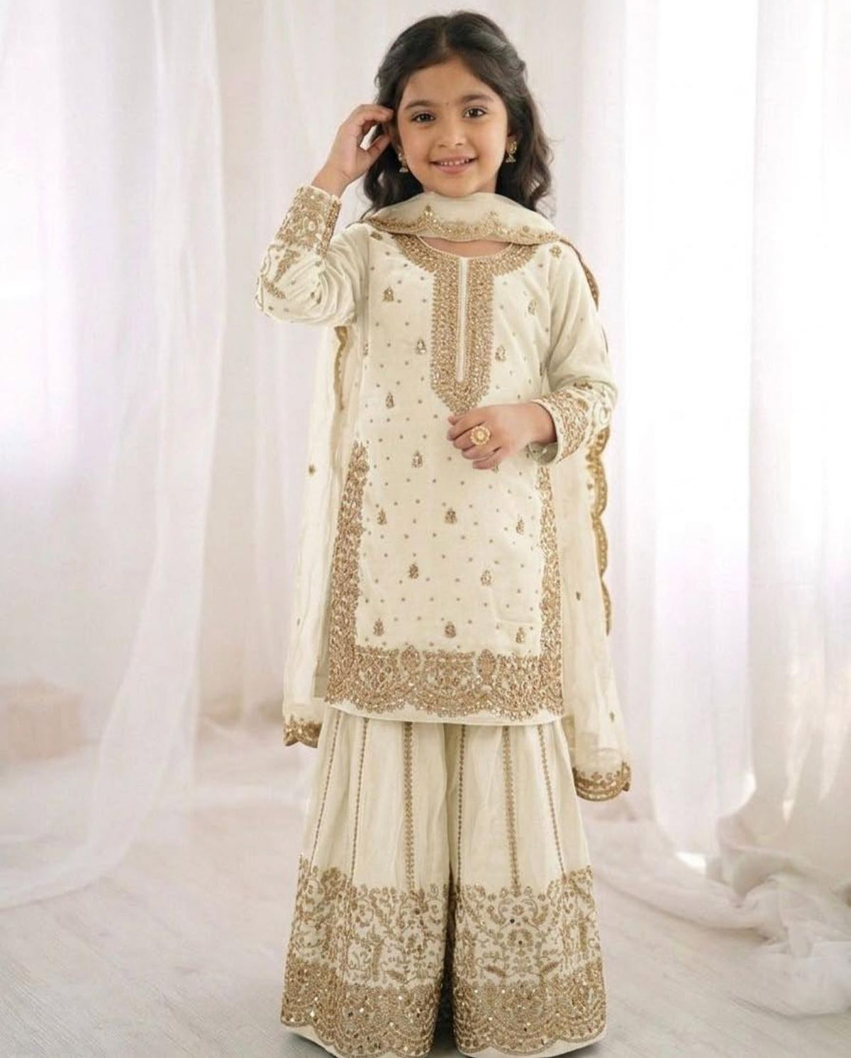 White Embroidered Work Salwar Suit For Kid in Germany