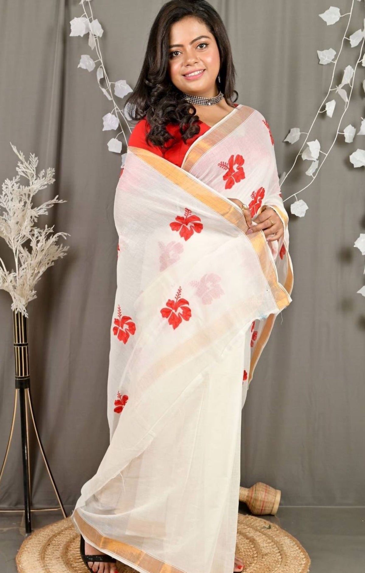 Floral Pure Cotton Kasavu Saree in Germany(Onam Saree)