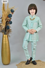 Sky blue Silk Blend Geometric Embroidered Indo Western Sherwani Set with Trousers and Mala in Germany