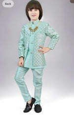 Sky blue Silk Blend Geometric Embroidered Indo Western Sherwani Set with Trousers and Mala in Germany