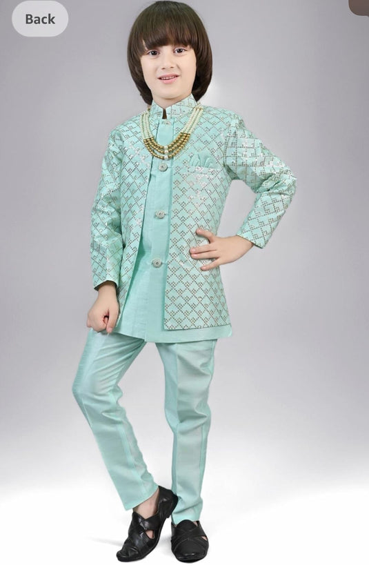 Sky blue Silk Blend Geometric Embroidered Indo Western Sherwani Set with Trousers and Mala in Germany