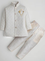 White Silk Blend Geometric Embroidered Indo Western Sherwani Set with Trousers and Mala in Germany