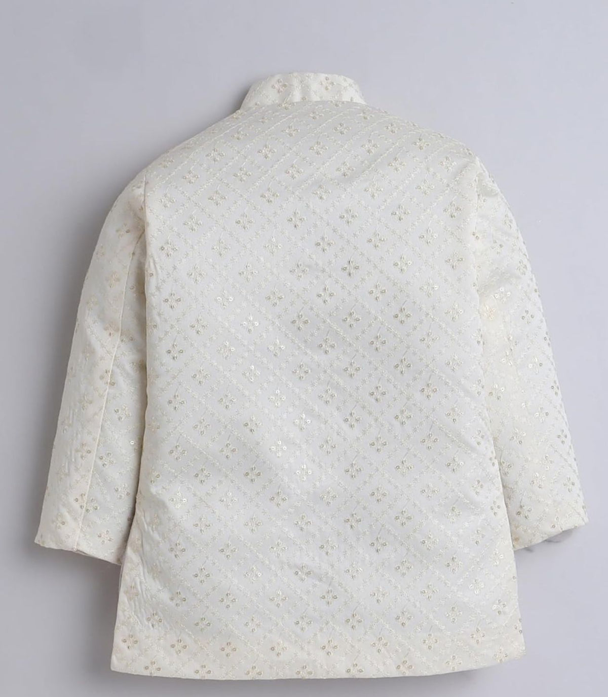 White Silk Blend Geometric Embroidered Indo Western Sherwani Set with Trousers and Mala in Germany