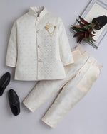 White Silk Blend Geometric Embroidered Indo Western Sherwani Set with Trousers and Mala in Germany