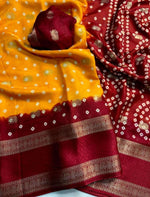 Crepe Muga Silk Saree Bandhani Pattern All Over Rich Kanjivaram Border Floral Printed Pallu With Blouse Piece in Germany Namma Markt