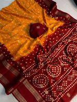 Crepe Muga Silk Saree Bandhani Pattern All Over Rich Kanjivaram Border Floral Printed Pallu With Blouse Piece in Germany Namma Markt