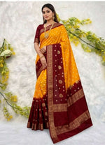 Crepe Muga Silk Saree Bandhani Pattern All Over Rich Kanjivaram Border Floral Printed Pallu With Blouse Piece in Germany Namma Markt