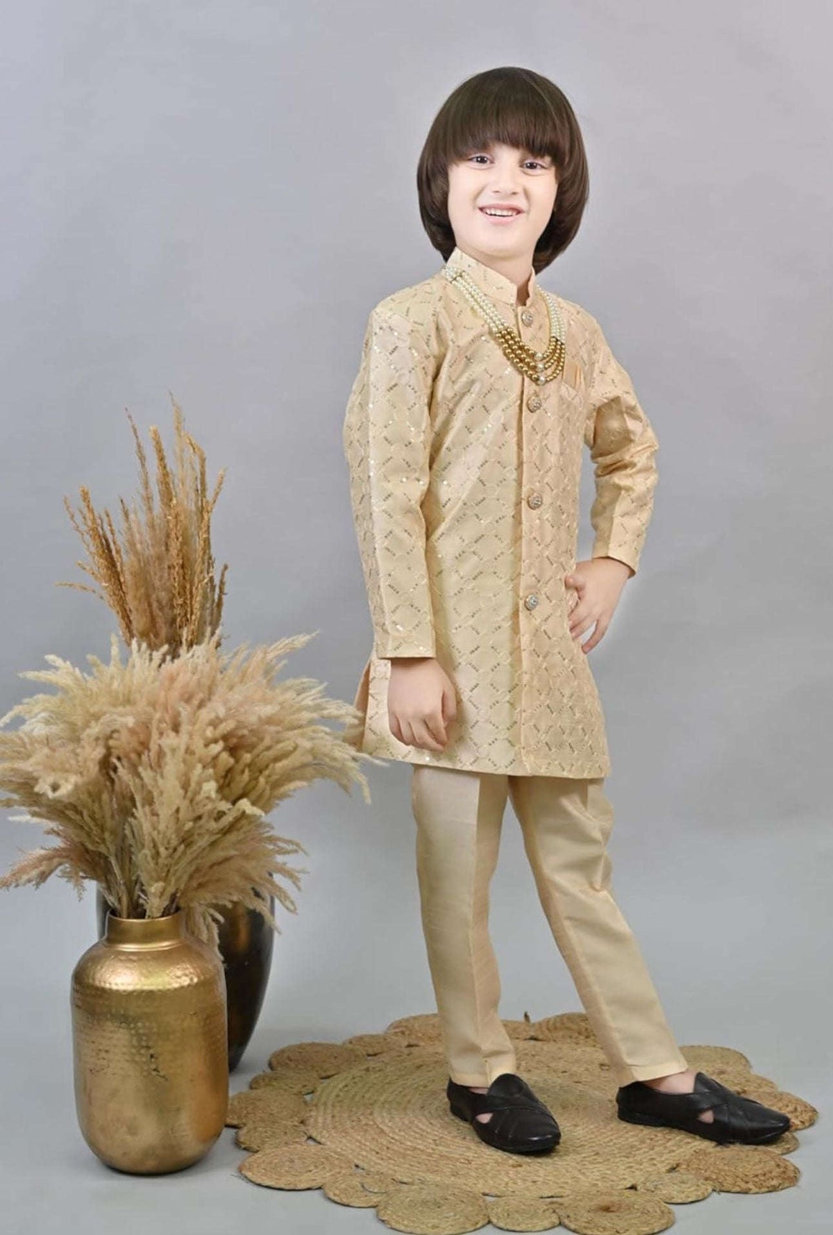 Biege Kids Ethnic Sequin Embellished Indo-Western Kurta and Trouser Set for Boys in Germany Namma Markt