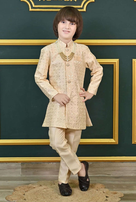 Biege Kids Ethnic Sequin Embellished Indo-Western Kurta and Trouser Set for Boys in Germany Namma Markt