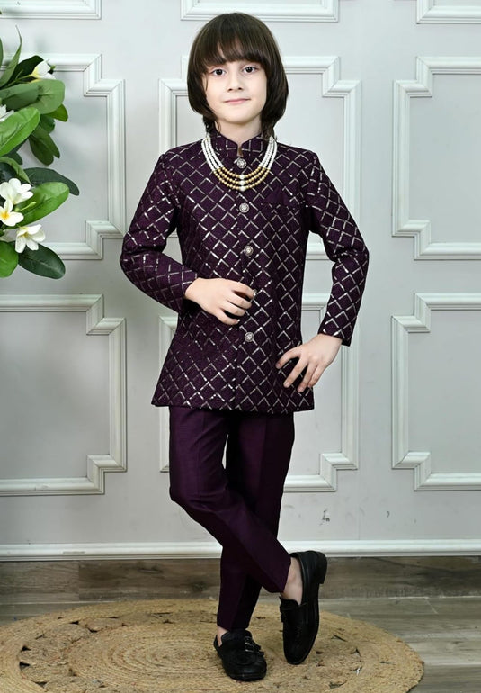 Boys' Woven Brocade Jodhpuri Bandhgala Suit Set with Pearl Mala | Kids Indo-Western Ethnic Receptions Dress in Germany