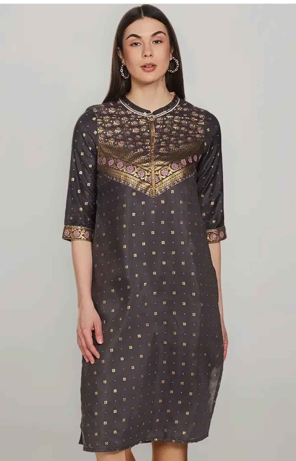 Women's Polyester Straight Fit Ultimate Ornamental Mandarin Collar Kurta in Germany
