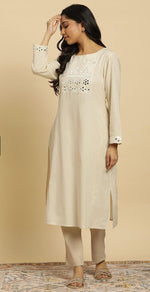 Off-White Cotton Kurta With Mirror Work in Germany
