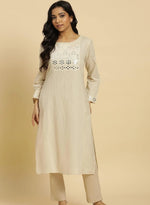 Off-White Cotton Kurta With Mirror Work in Germany