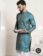 MEN'S SILK BLEND SELF DESIGN TEAL BLUE LONG KURTA SET IN GERMANY