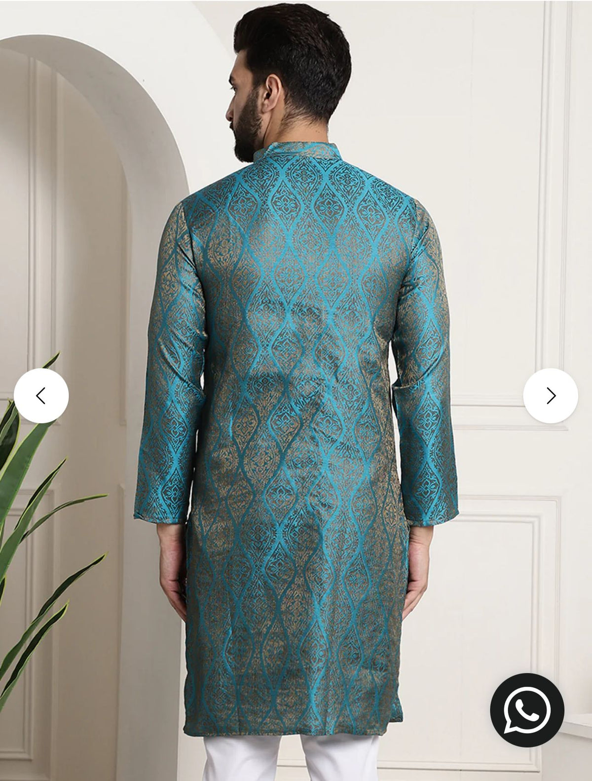 MEN'S SILK BLEND SELF DESIGN TEAL BLUE LONG KURTA SET IN GERMANY